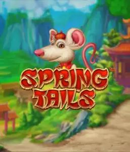 A whimsical illustration of a mouse dressed in traditional Chinese attire standing in a scenic mountain backdrop. The image represents the Spring Tails Slot by Betsoft, showcased with prominent red and gold logo lettering.