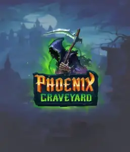 ELK Studios' Phoenix Graveyard game screen, showcasing the mystical graveyard and the legendary phoenix rising from the ashes. This image captures the slot's innovative expanding reels, alongside its gorgeous symbols and dark theme. The design reflects the game's mythological story of resurrection, appealing for those interested in mythology.