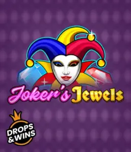 Enjoy the vibrant ambiance of Joker's Jewels slot by Pragmatic Play, highlighting a charming joker's mask adorned with a multicolored jester hat. This graphic evokes the fun and excitement of traditional joker games, set against a deep purple background. Perfect for casino game enthusiasts, delivering a thrilling adventure. 