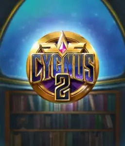 Discover the captivating graphics of Cygnus 2 Slot by ELK Studios, featuring a spectacular emblem with a bright purple and gold design. Positioned against a mystical background of a library, this image captures the theme of mystical exploration. 